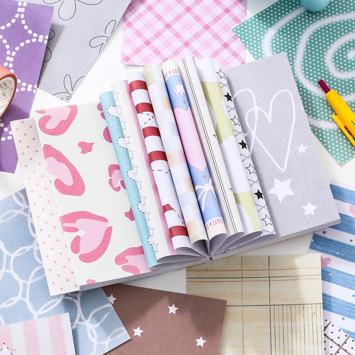 120Pcs Y2K Style Sun Offset Paper, Pastel Leopard & Check Scrapbook Paper Set