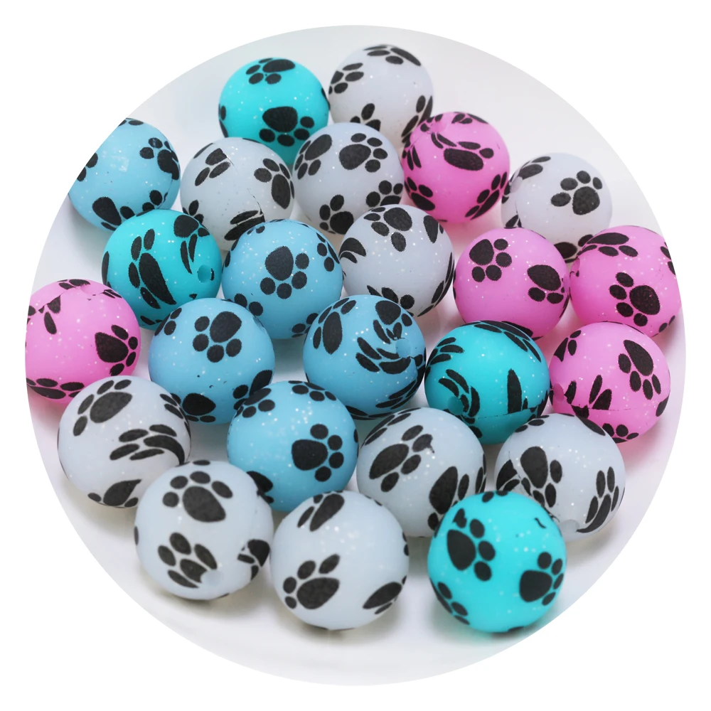 

New Products 100PCS 15mm Glitter Paw Print Silicone Beads Baby Round DIY Beaded Pen Chewing Toy Accessories