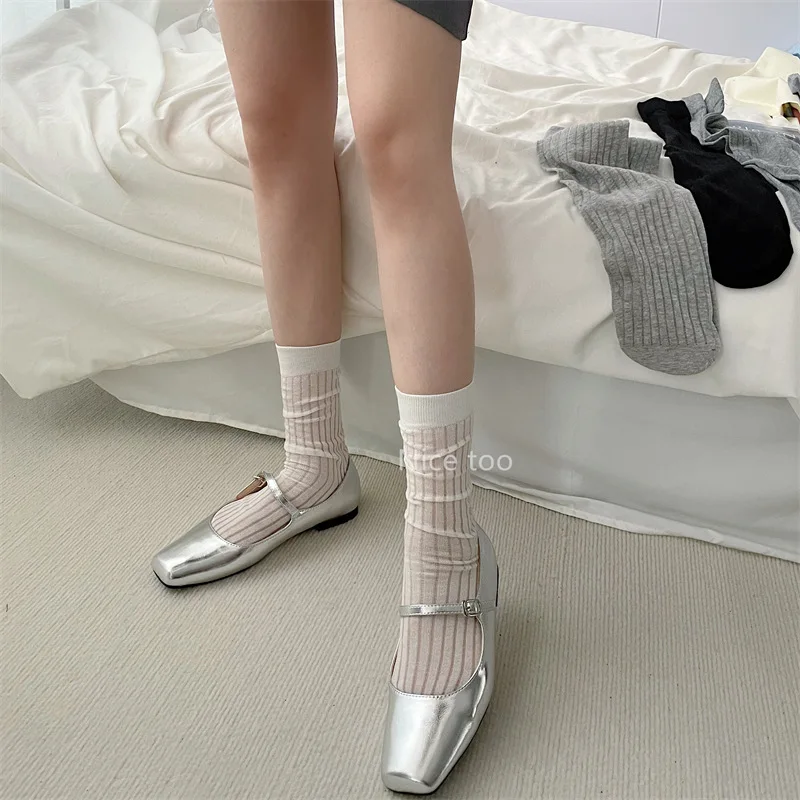 SP&CITY Korean Simple Summer Women\'s Middle Tube Socks Breathable Thin Casual Fashion Socks Soft Knit Comfort Daily Cotton Sock