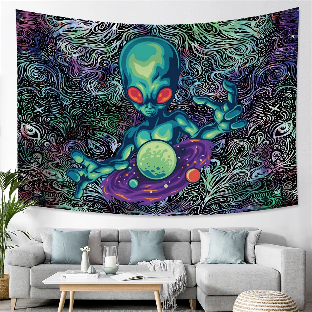 Outer Space Alien ET Tapestry Psychedelic Skull Chakra Colorful Black Witchcraft Wall Hanging Cloth Carpet Room Home Decor