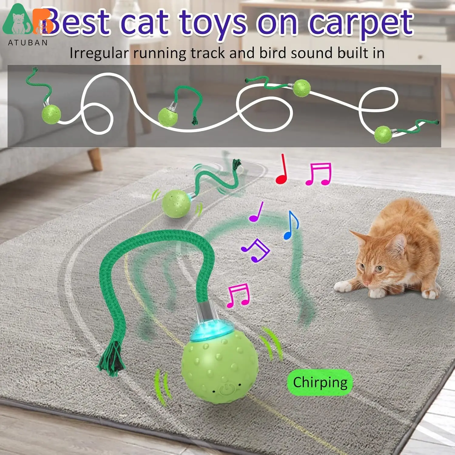 Interactive Cat Toys Ball, Motion Activate Electric Cat Toy, Automatic Pet Exercise Toys, Simulate Bird Calls, USB Rechargeable