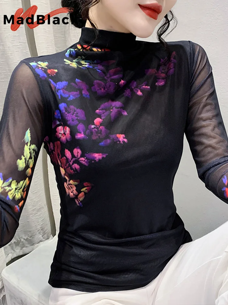 MadBlack Spring t-Shirt Sexy Position Flower Printed Women Mesh top dolcevita Bottoming Shirt manica lunga Tees New T32403Z
