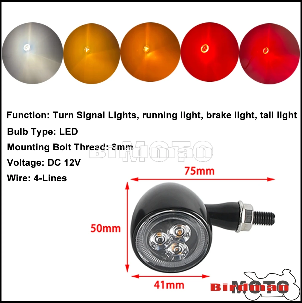 Bullet 3 in 1 Turn Signal Light LED Blinker Indicator Running Tail Light Brake Stop Turning Lights 12V 8mm Motorcycle Indicators