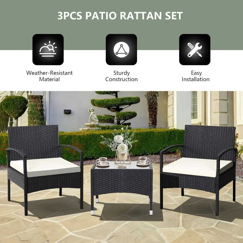 

3-Piece Patio Furniture Set - Rattan Conversation Set, Wicker Bistro Set w/2 Chairs, Glass Coffee Table, Steel Frame,