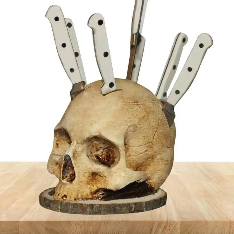 Kitchen Knives Holder Skull Skeleton Knives Stand Scary Party Storage Rack Decoration Horror Head Rack Knives Organizer