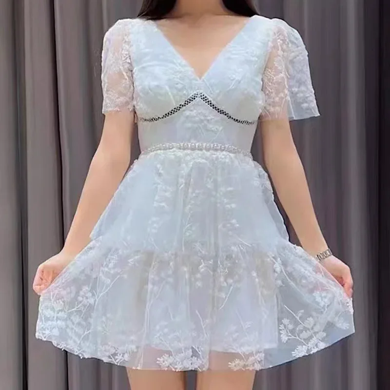 

Elegant Lady Sequins Embroidery Lace Dress Elegant Deep V High Waist Dresses Spring 2023 Vintage Short Sleeve Vestidos for Women