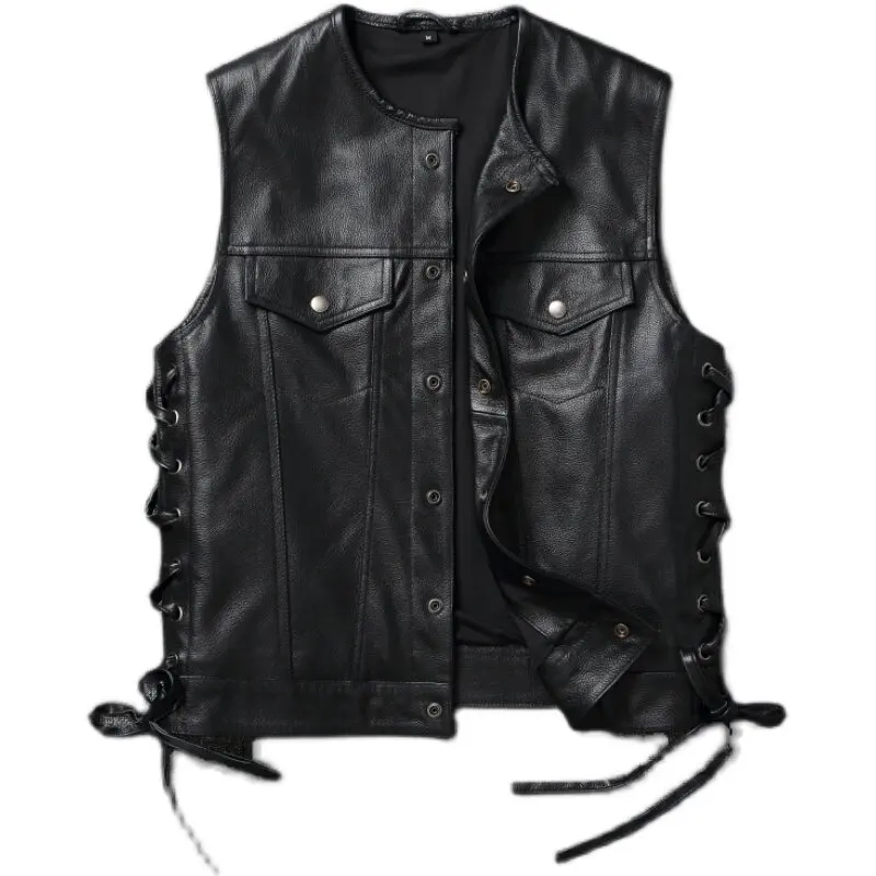 2026 Trendy Men's High Quality Leather Motorcycles Jackets Fashion New Sleeveless Vest Slim Fit Waistcoat Four Seasons Coat view 5