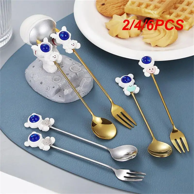 2/4/6PCS Doll Spoon Stainless Steel Cartoon Dinnerware Cake Fruit Fork Coffee Mixing Spoon Astronaut Style Children Spoon