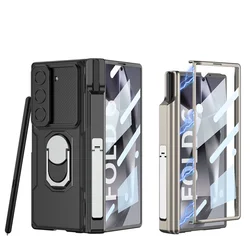For Samsung Galaxy Z Fold 6 4 3 5 5G Case Matte Finger Bracket Folding Hinge Pen Slot Holder Tempered Film Shockproof Cover