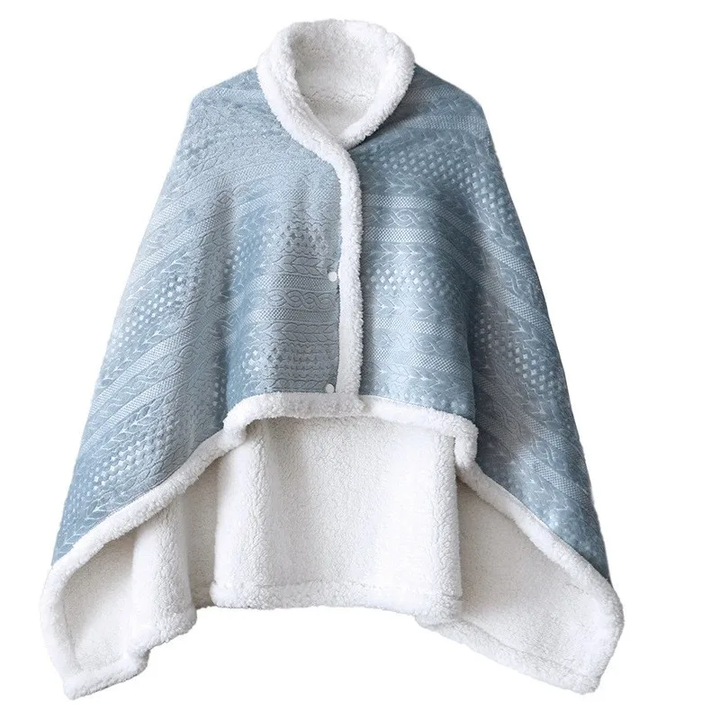 Winter Shawl Sherpa Lined Geometric Pattern Wrap Button Front High Collar Poncho Blanket Textured Knit Wearable Blanket Pastel