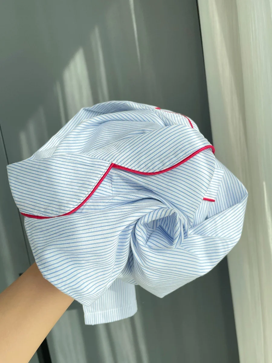 

Blue Striped Pure Cotton Spwear Set Women's Long Sve Home Clothes Spring Autumn New Sle Simple Design Large Size