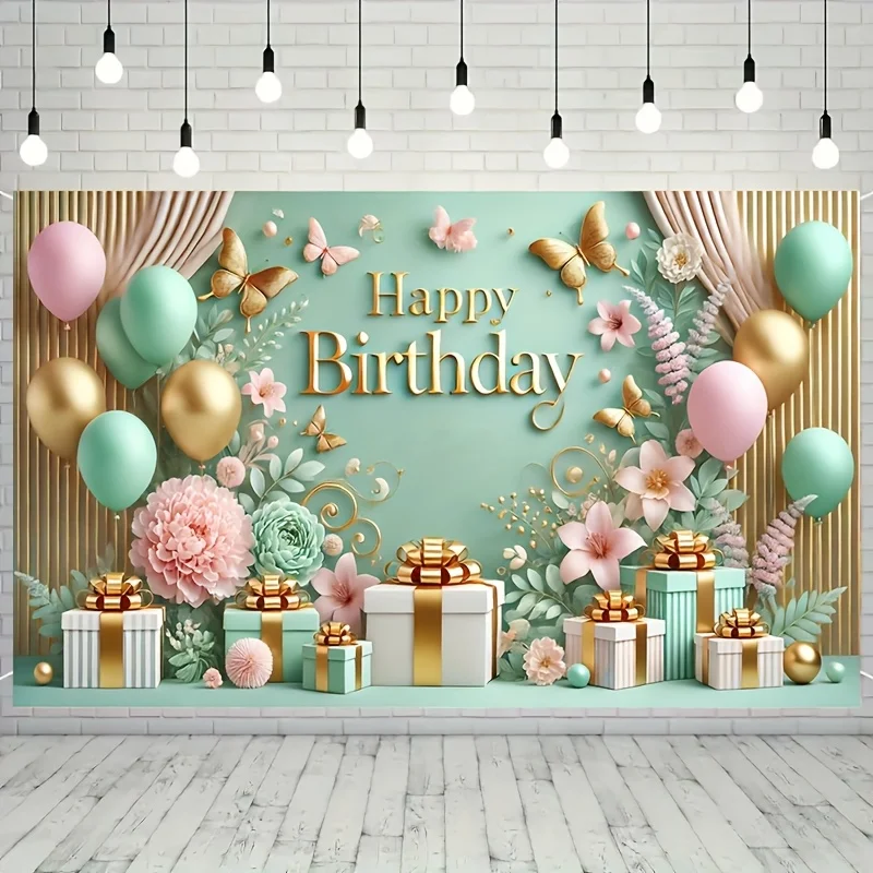 Elegantes Hintergrundbrett für Geburtstagsfeiern mit mintgrünem und goldenem Blumenmuster, verziert mit Geschenkbox-Design L