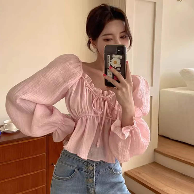 

Chic Spring Sweet Aosphere V-ne Splice Lace-up Pleated Slimming Bubble Sve irt Women's Korean Sle Long Sve Blouse