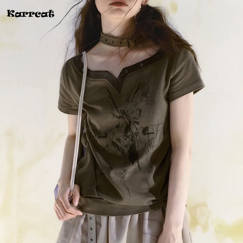 Karrcat Grunge Aesthetics T-shirt Vintage Patchwork Halter Tops Wasteland Punk Style Tee Shirt Harajuku Gothic Streetwear Alt