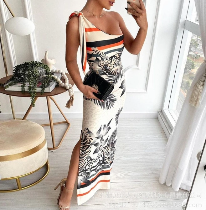 

Wind Summer New Product Slanted Shoulder Solid Color Off Shoulder Fold Waist Wrap Hip Split Irregular Dress