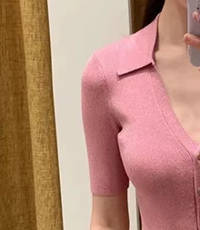 Women Pink Knit Slim Dress Short Sleeve V Neck Ladies Elegant Evening Party Mini Dress