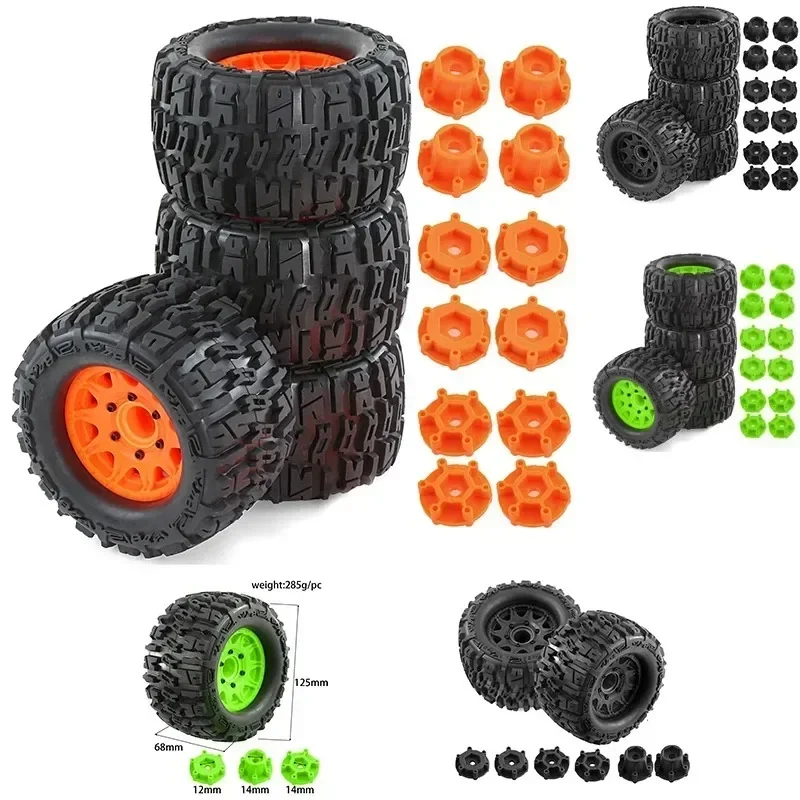 Pneus de roda de caminhão rc, 4 unidades, 12mm/14mm, hex, pneus de caminhão rc para 1/10 ferrugem hoss arrm a granito vórtiks axial losi redcat 4wd