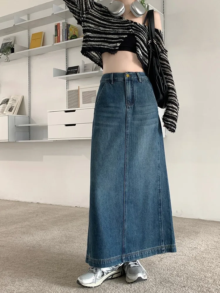 S-XL Long Denim Skirt 2022 korean style High Waist Vintage A Line Split Midi Skirts Women Long Jeans Skirts Style (72993