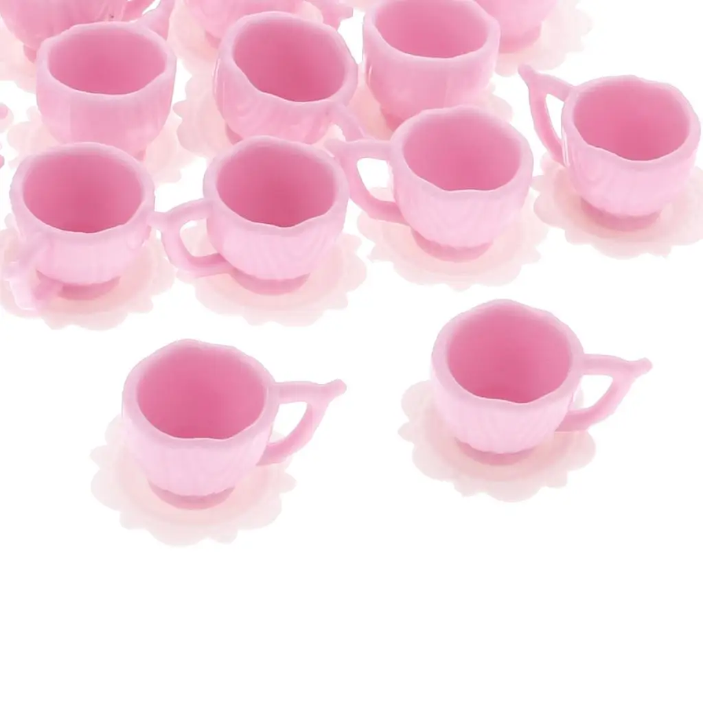 Dollhouse Miniature Plastic Tea Pot, Acessório de Talheres, Rosa, 2 Copos, 10 Conjuntos