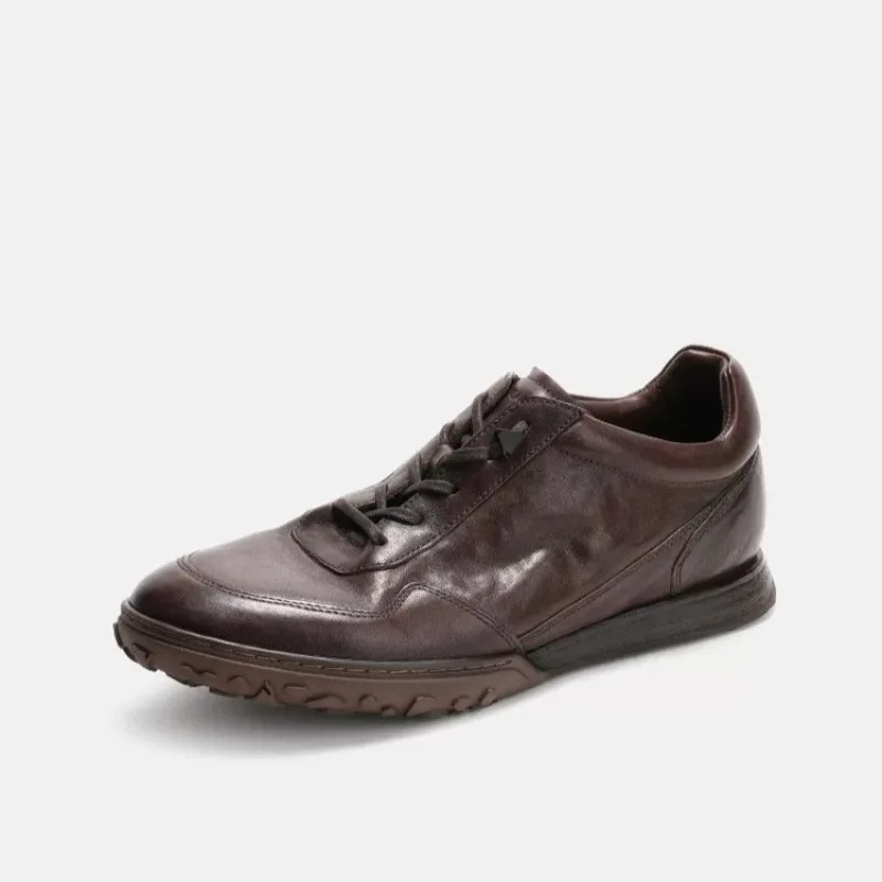 

Handmade Washed Genuine Leather Lace Up Casual Training Shoes Men's Flat Bottom Comfortable Retro Summer Lightweight Sport Shoes