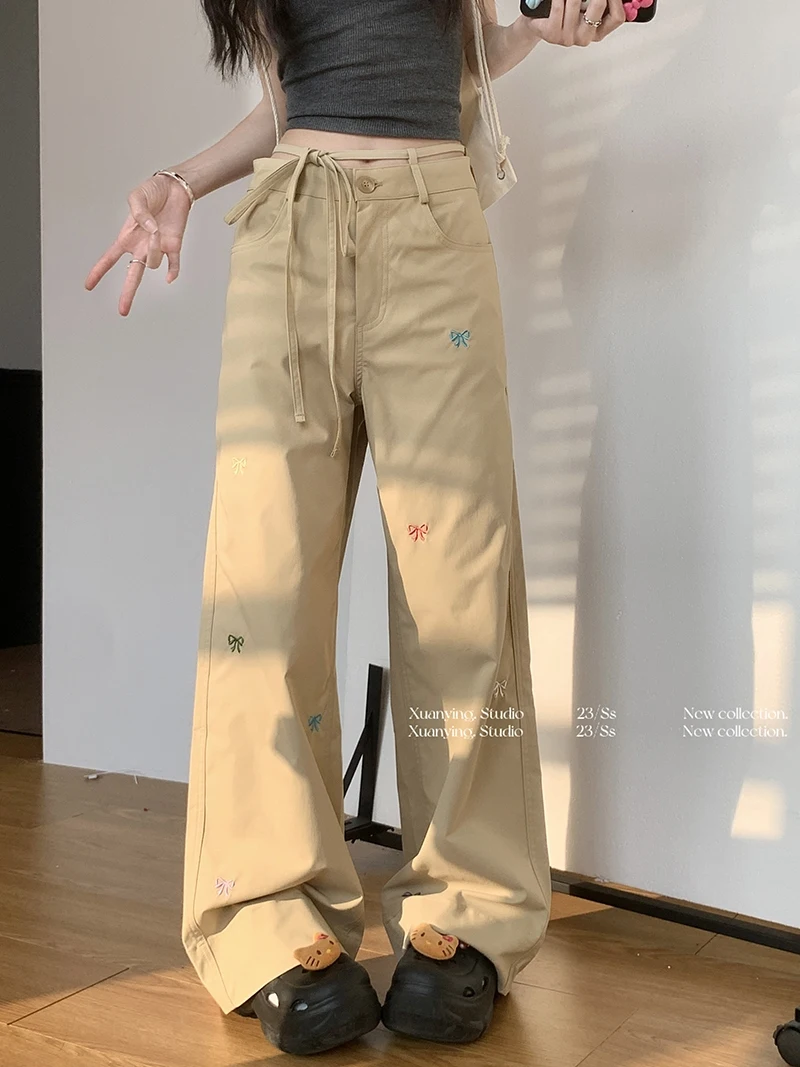 

Embroidery Bow Loose Straight Leg Pant Cargo Style Khaki Women Summer Long Trouser fairycore 2000s aesthetic korean clothes 2024