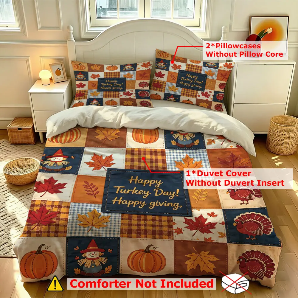 3PCS Duvet Cover Set Happy Turkey Day Thanksgiving Pumpkin Maple Leaf Plaid Bedding Set Holiday Bedroom Decor