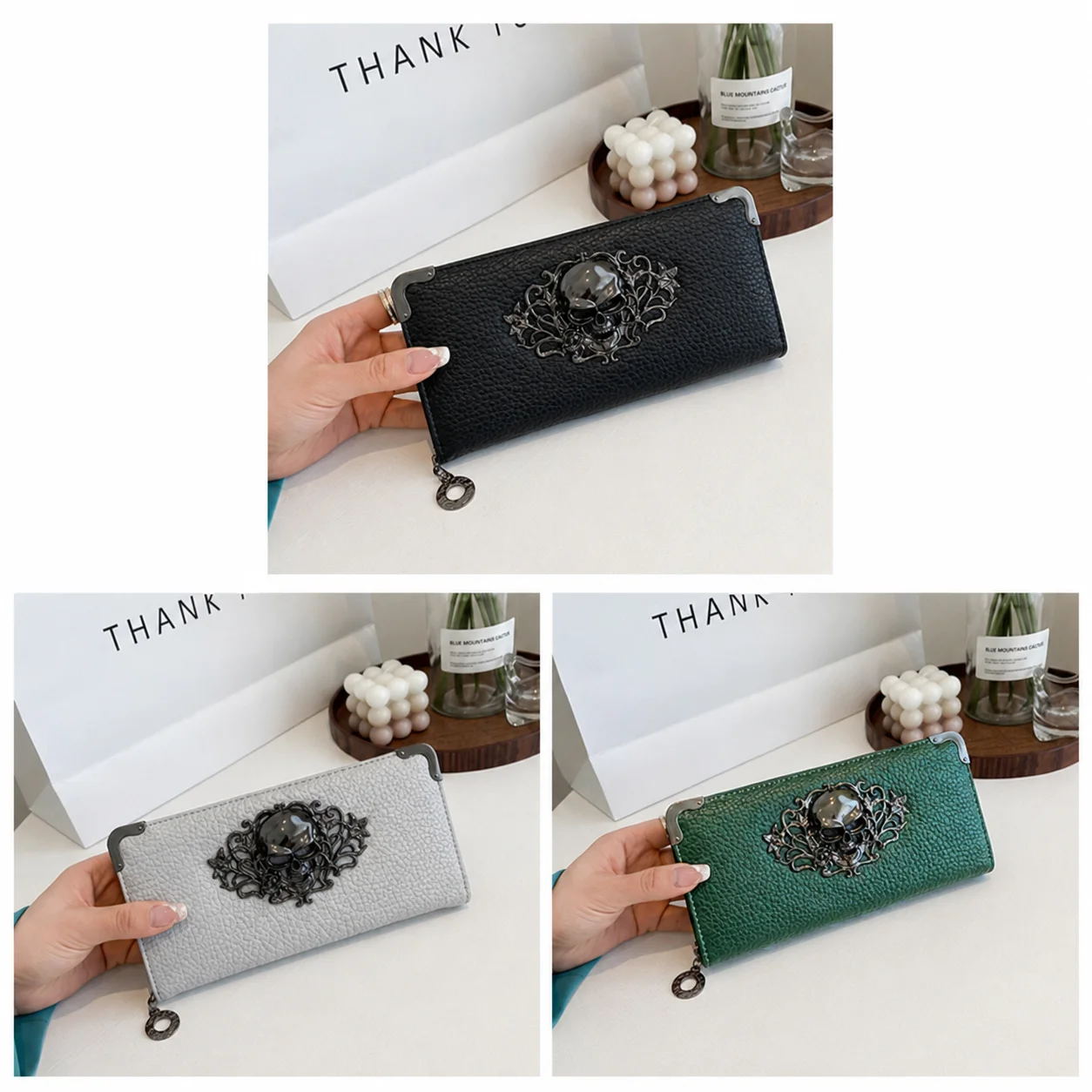 Unisex Lange Männer Frauen Geldbörse Punk Schädel PU Leder Brieftasche Zipper Clutch Tragbare Casual Dame Bargeld Geldbörse Brieftasche – Detail 6