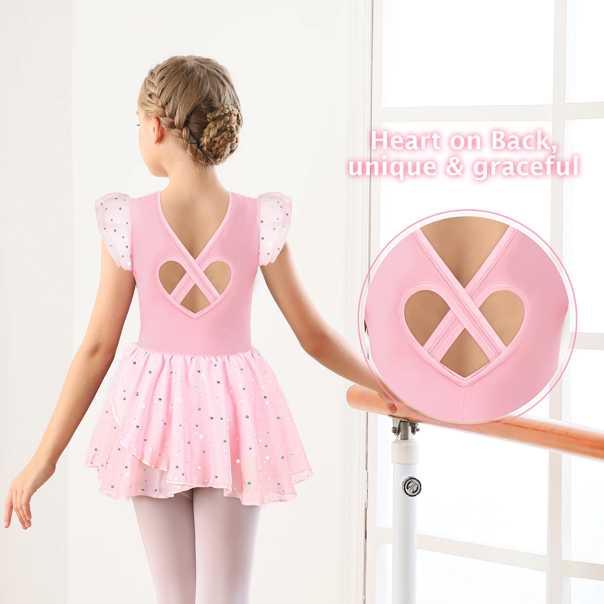 Young Girl Heart-shaped Hollow-out Back Double Layer Ruffle Sleeve Leotard Made Of Chiffon For Dance Performance & Gift