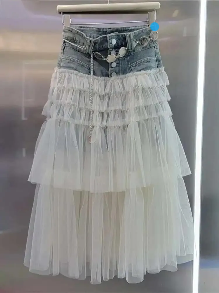 

Street Wear Single Breasted High Waist Mid Length A-line Wrap Hip Mesh Puffy Denim Skirt Women 2025 Spring Summer