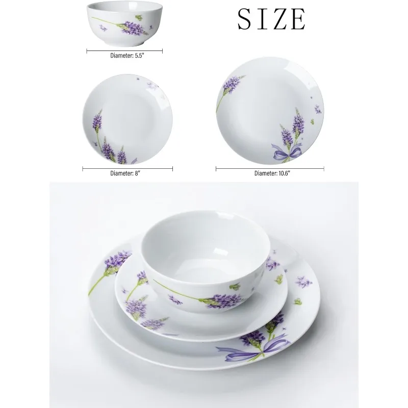 12-Piece Porcelain Kitchen Dinnerware Set with Purple Lavender Pattern, Round Dinner Plates, Dessert Plates, Soup Bowls