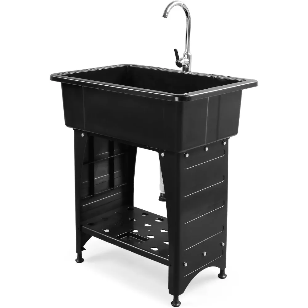 

Freestanding Plastic Laundry Utility Sink with Faucet and Removable Drainboard