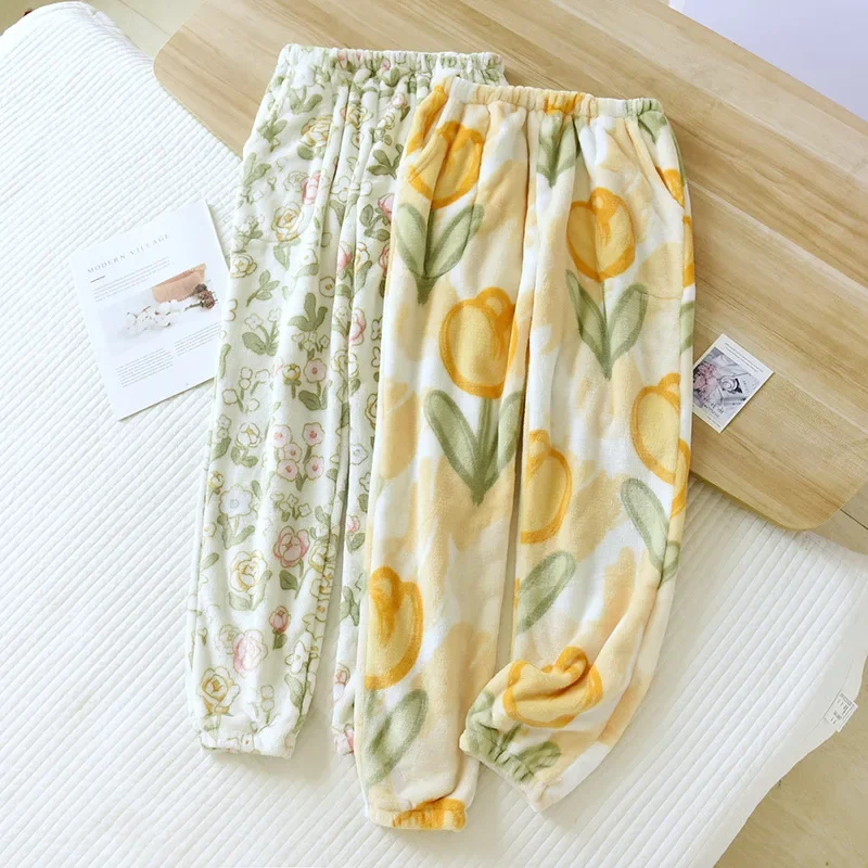 Autumn and Winter 2025 New Women's Pajama Pants Flannel flower plush thickened coral velvet closing household pants large pants