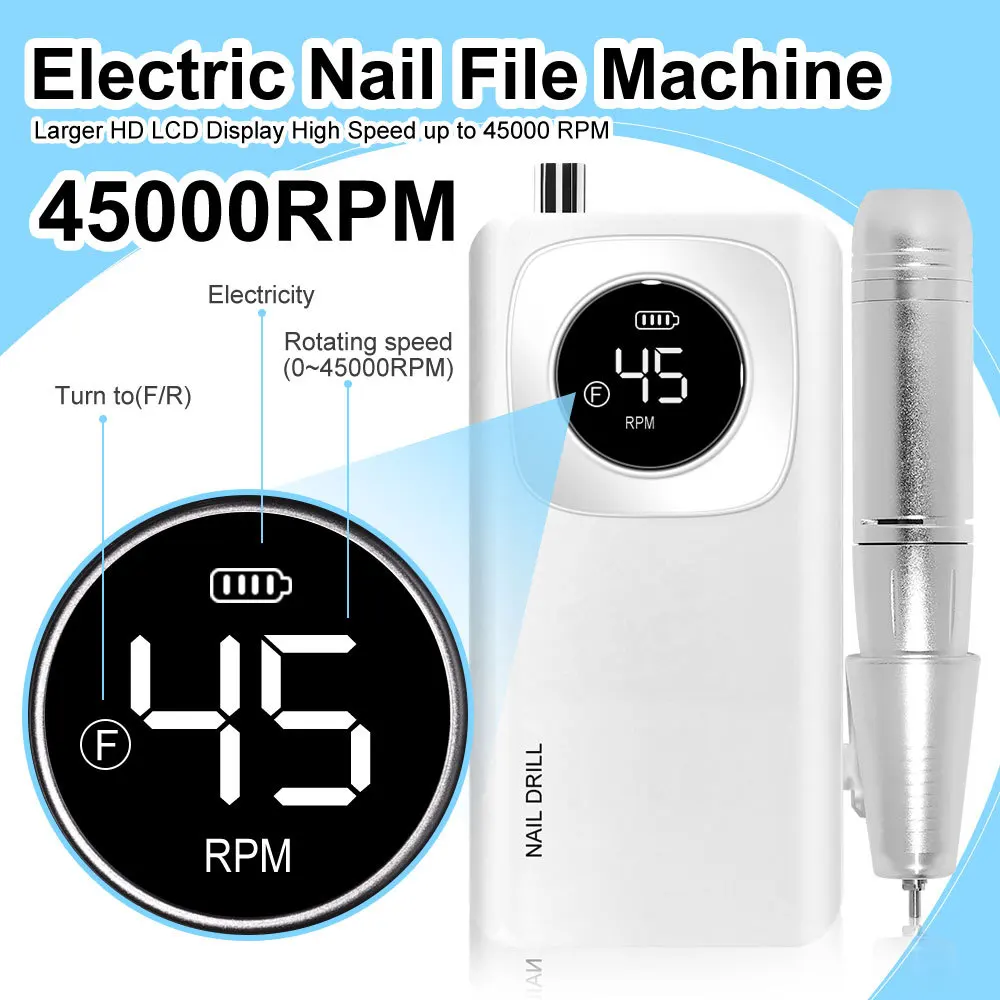 45000RPM Rechargeable Electric Nail Drill Machine Professional High Speed Nail Polish Sander With LCD Screen Nails Accessories