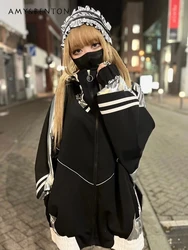 Japanese Harajuku Mine Gothic Patchwork Color Hooded Oversized Coat + Detachable Pants Two-Piece Sets Goth Street Couple Outfits