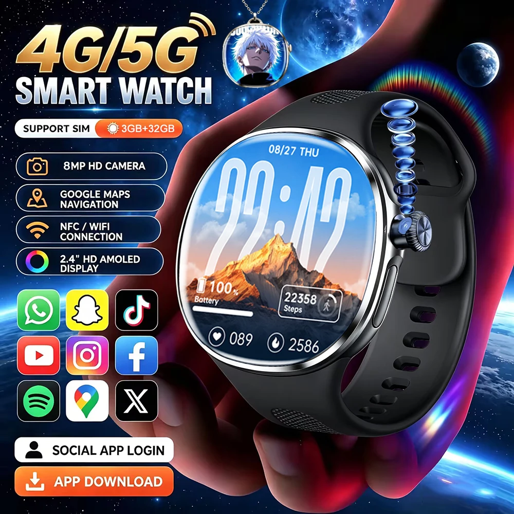 5G/4G Network Smart Watch 480*480 AMOLED 2.4 inch 3GB+32GB RAM 800W Camera Call GPS WIFI Google APPS Smartwatch 1350mah Battery