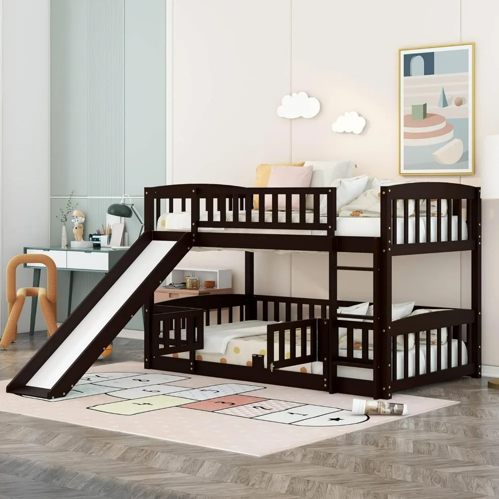 

Low Kids Bunk Bed with Slide, Twin Over Twin Bunk Bed Frame with Fence,Ladder,Safety Guardrail,Wood Bunk Bed with Fun Small Door