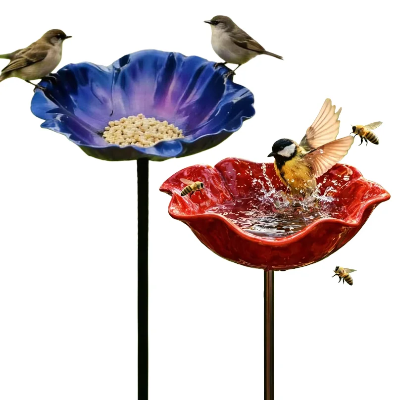 Outdoor Bird Feeder with Drinking Bowl Birds Bathing Basin Handmade Metal Flower Garden Stake for Garden Birds Waterer Supplies
