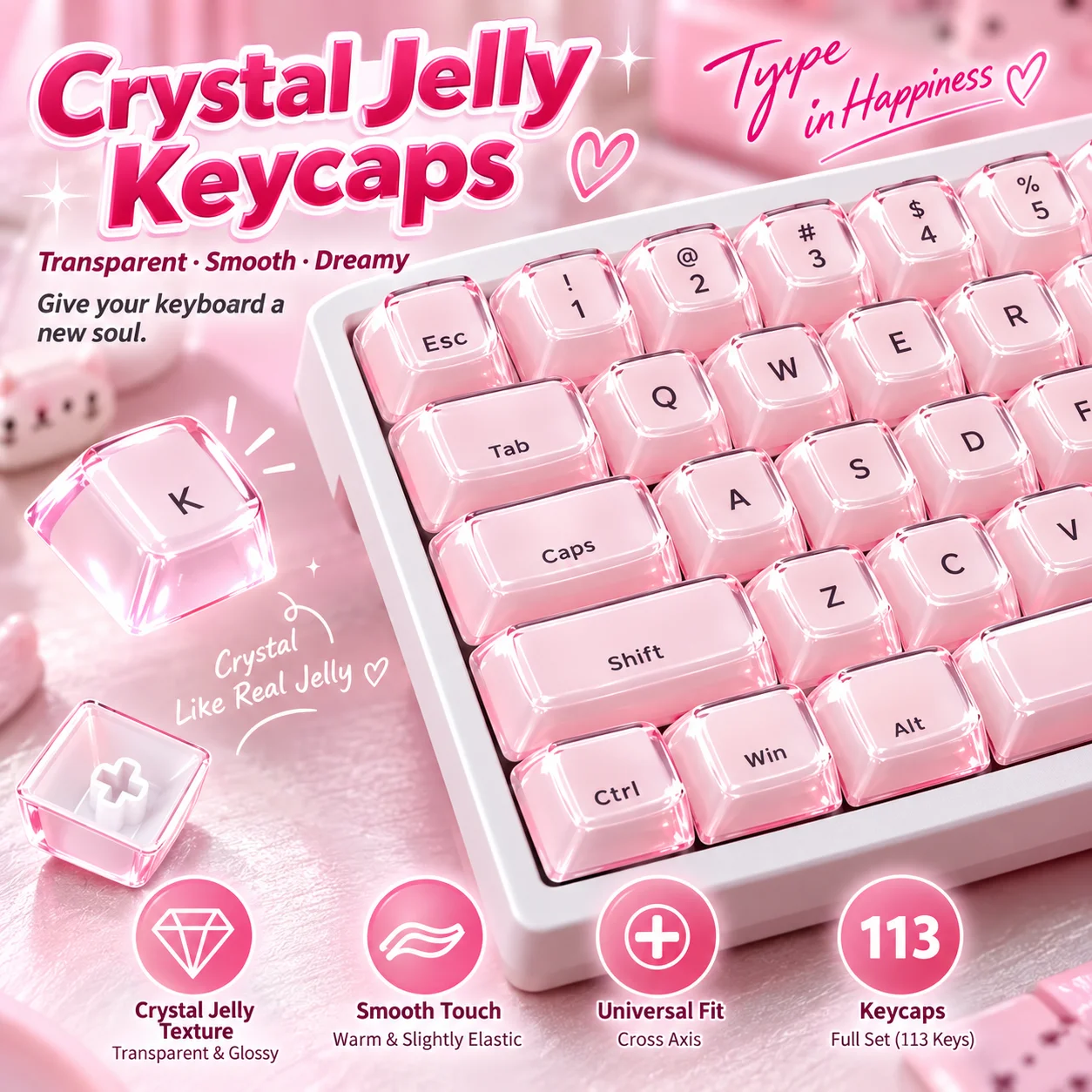 115Key side keycaps, ice crystal OEM profile keycaps, suitable for Cherry MX mechanical keyboard keycaps