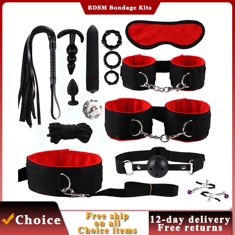 Sex Toys BDSM Bondage Kits Genuine Leather Restraint Set Handcuffs Collar Gag Vibrators Sex Toys For Women Couples Adult Games