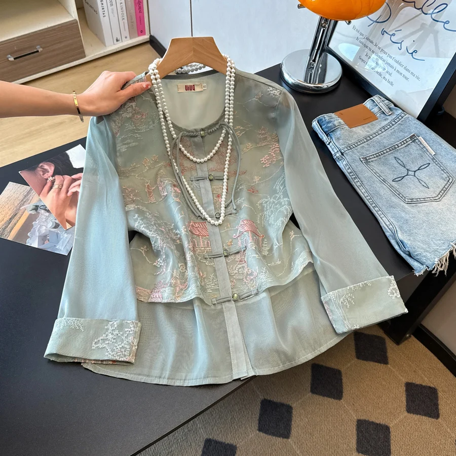 Handmade Chinese Style Greenery Embroidery Sun Protection Outerwear Stand Collar Button up Ladylike Temperament Soft Polyester