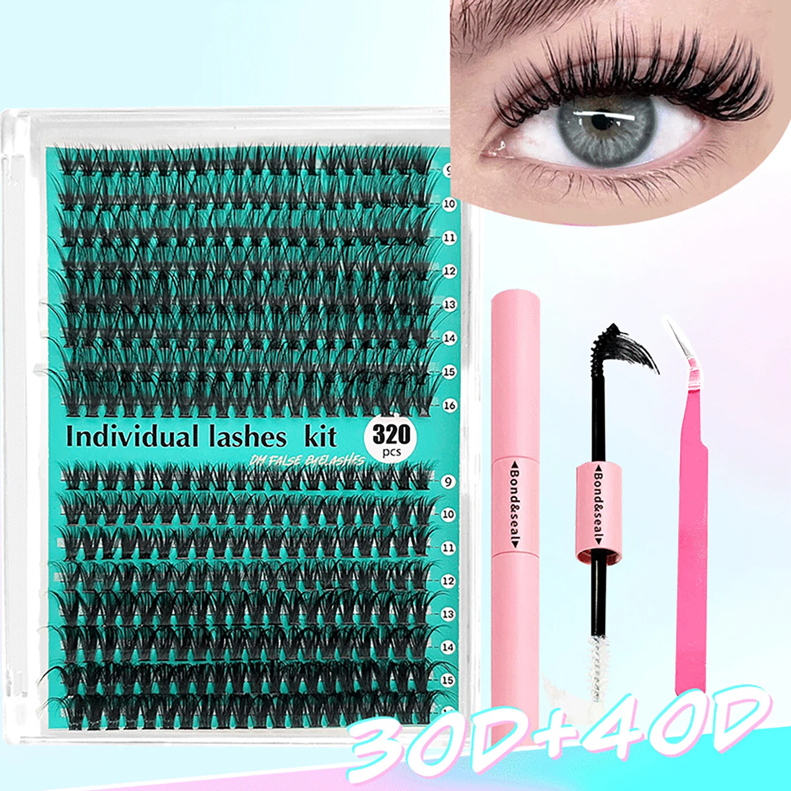 DIY Eyelash Set 320pcs Individual Lashes Cluster 30D 40D 9-16mm Mix Lash Clusters with Lash Bond and Seal Lash Applicator Tool