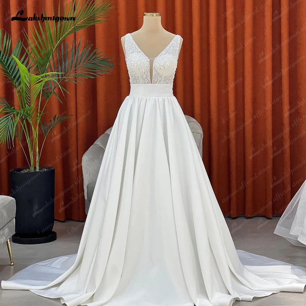 Lakshmigown Luxury Satin Beach Wedding Dress For Women Vestidos de Nova 2025 Beading Bodice Plunging V Neck Sexy Bride Dresses