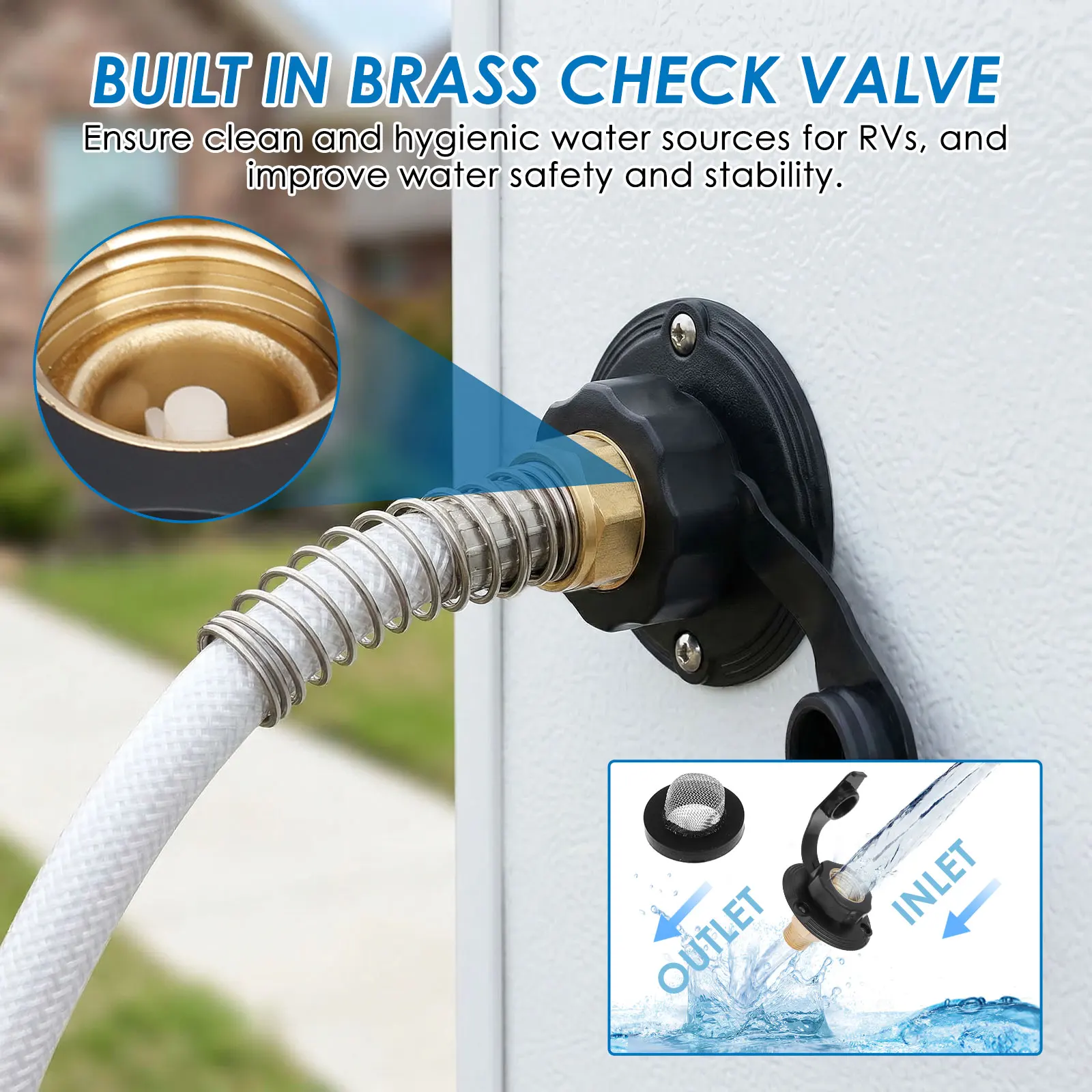

RV City Water Inlet 3/4 Inch GHT Female to 1/2 Inch NPT Male Brass RV Water Fill Inlet Replacement w/ Check Valve for Camper