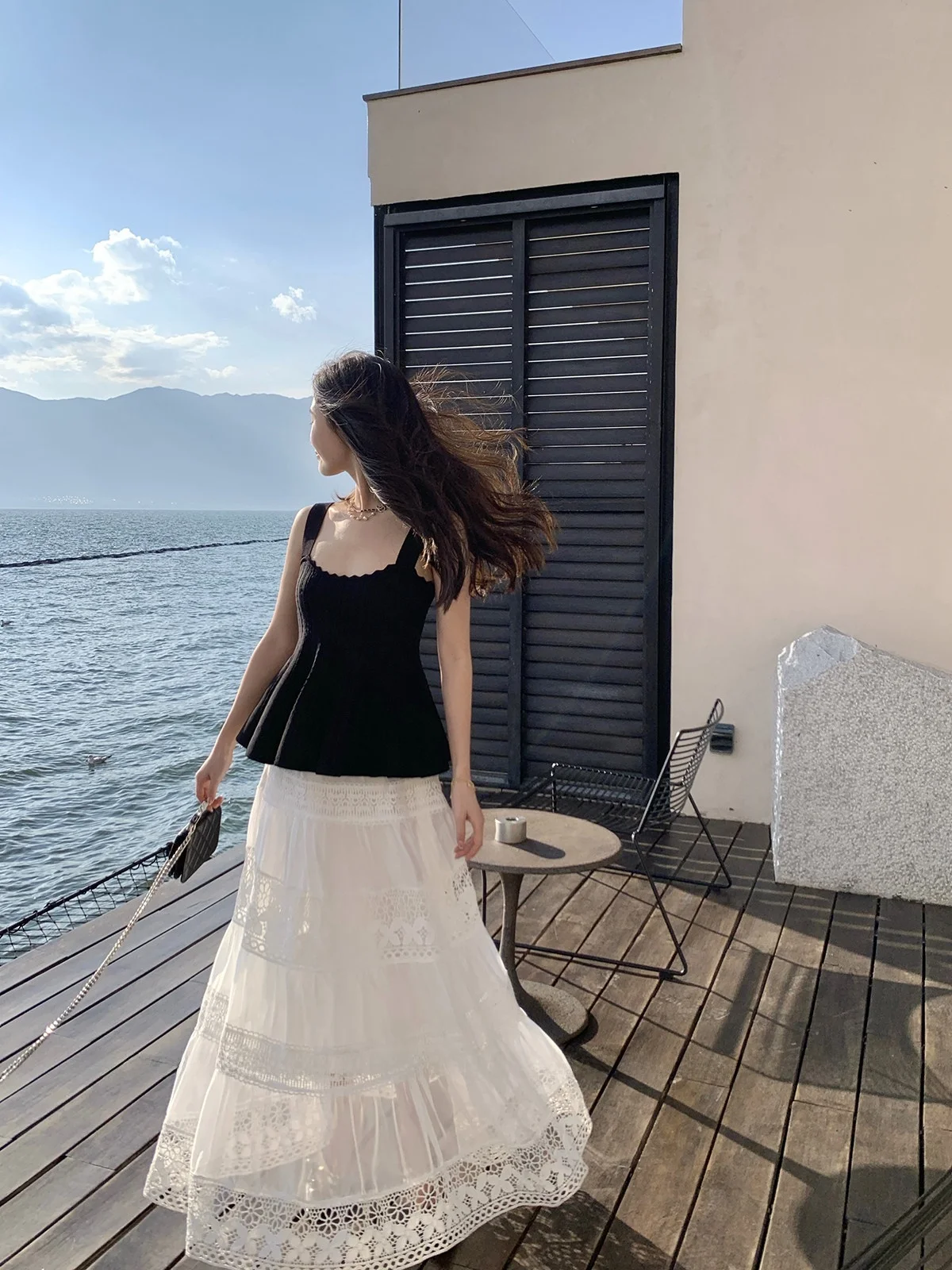 

Hi Beau Song【Douro Wind】Ele Hollow out Lace Design Spliced A-Line Midi Skirt High Waist Loose Fit Spring 2025
