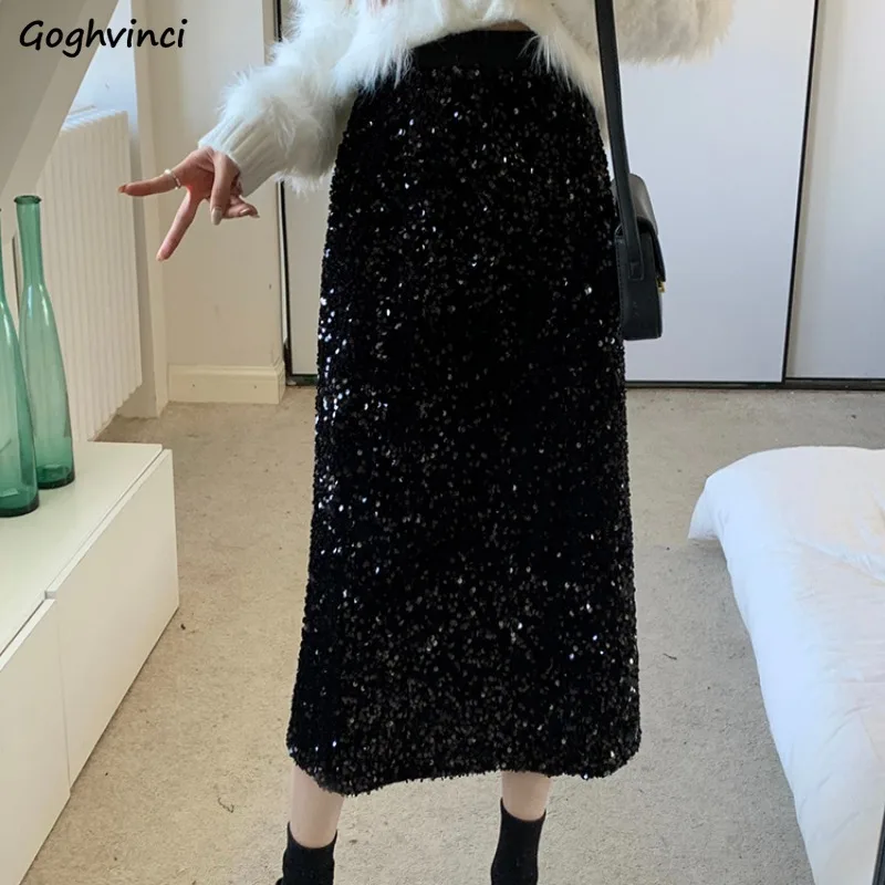 

Y2k Skirt Women Velour Sequined Black Long Skirts Elegant High Street Baggy Back-slit All-match Streetwear Straight Ulzzang Ins