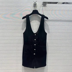 New Summer Fashion Velvet Playsuits Women Sleeveless Diamonds Single Breasted Retro Chic Jumpsuit