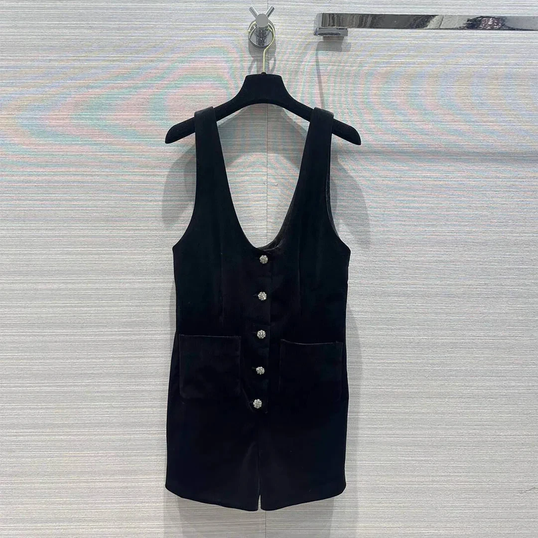 New Summer Fashion Velvet Playsuits Women Sleeveless Diamonds Single Breasted Retro Chic Jumpsuit