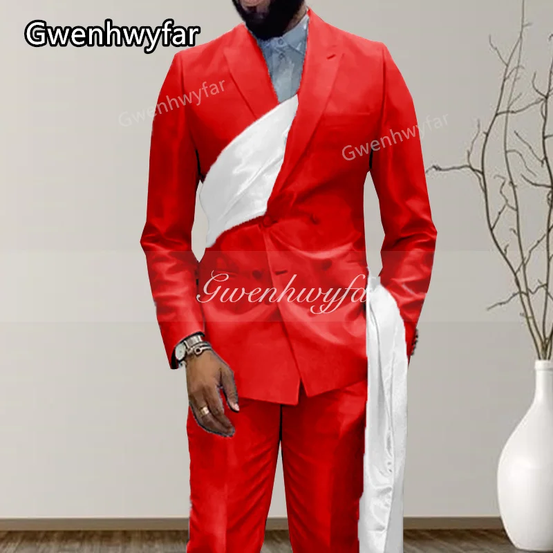 Gwenhwyfar Red Satin Groom Dress Men's Suit Slim Double Breasted Polo Coat Pants Design Latest Formal Party Wedding Dress 2025