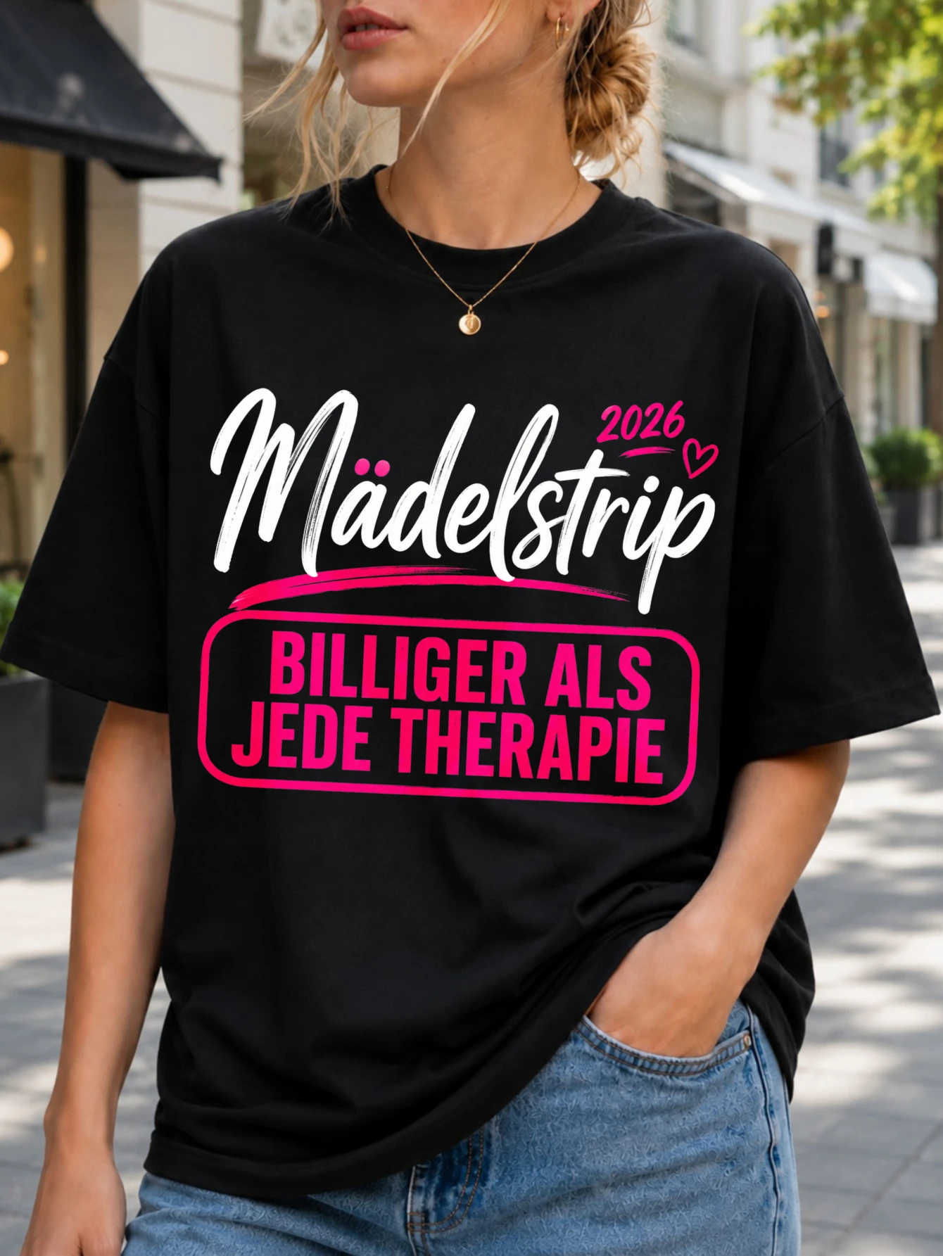 Madelstrip 2026 Billiger Als Jede Therapie Tee with  pink script and bold framed girls trip quote  Unisex All T-Shirt
