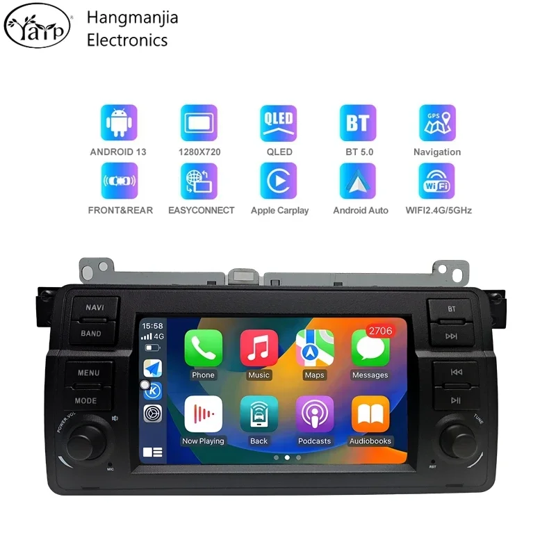 Hangmanjia Wireless CarPlay Android Auto Radio for BMW E46 M3 318/320/325/330/335 1998-2006 Car Multimedia Player GPS NO 2din